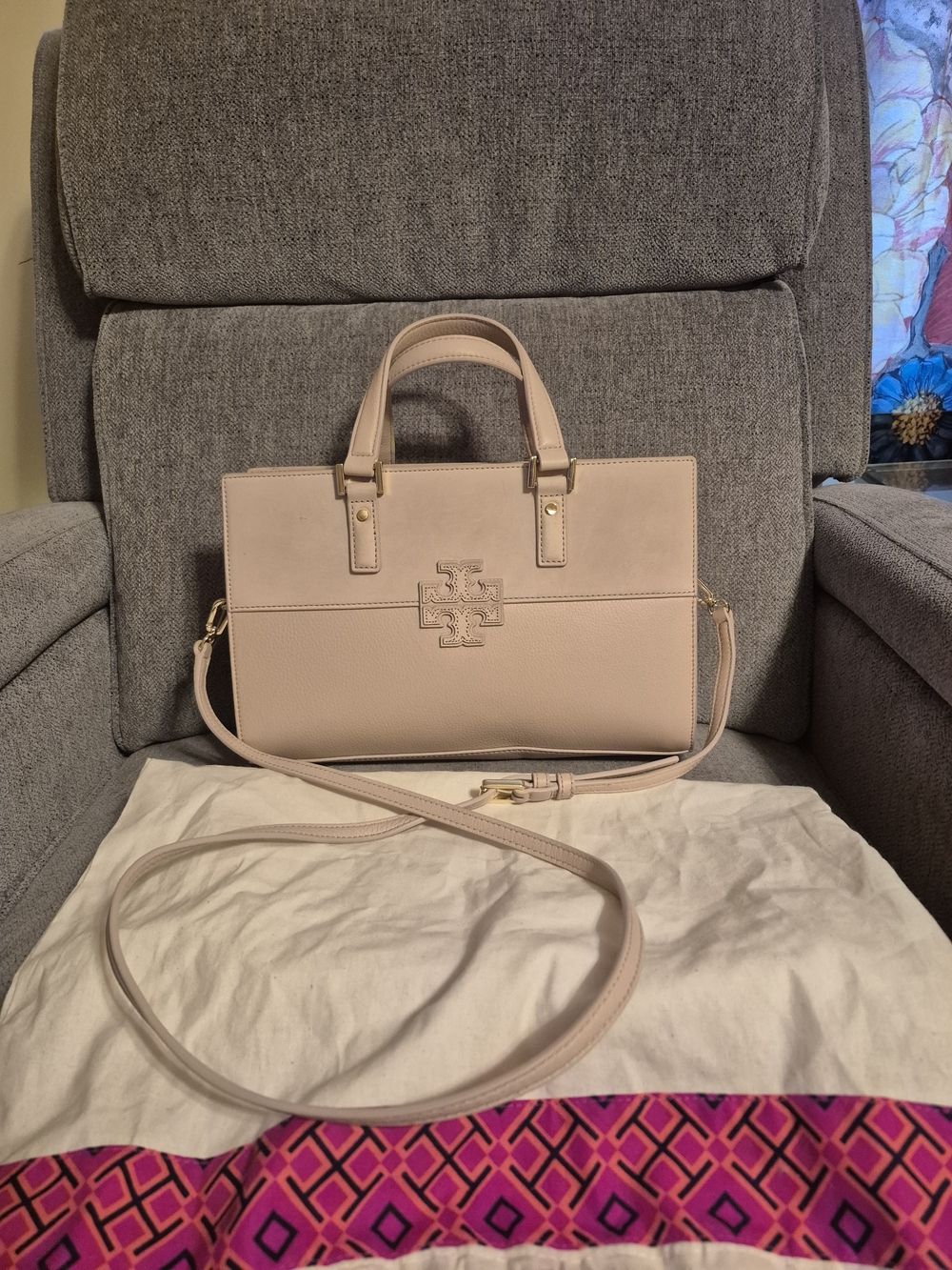 Tory Burch Stacked T-Mixed Material Satchel Nude/Beige